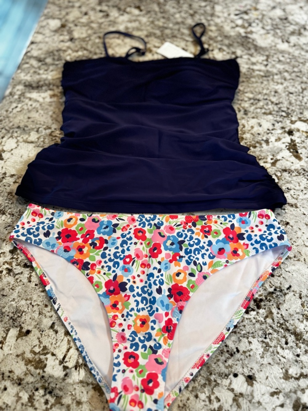Navy Tankini Top with Multicolor Floral Bikini Bottoms - Women's Swim Set